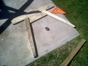 Pallet Console Table legs being laid out and assembled