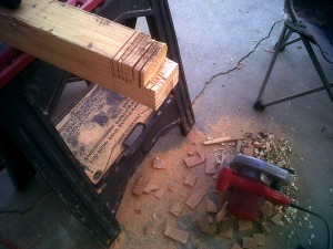 Pallet Coffee Table leg being cut