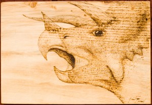 Triceratops - Pyrography on hemlock barn siding