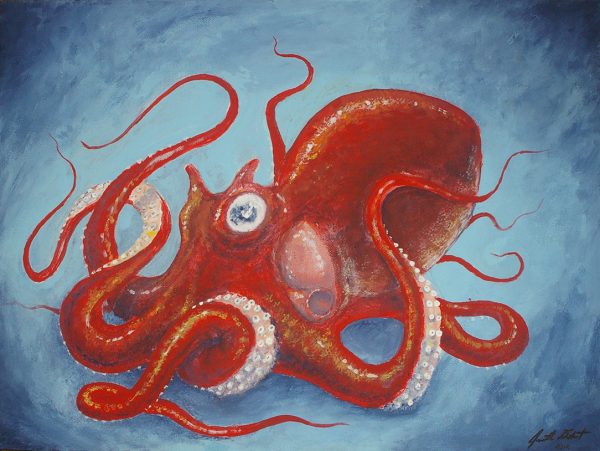 Painting of a red octopus against a blue background.